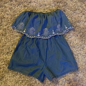 Japna Chambray Off the Shoulder Embroidered Romper Small